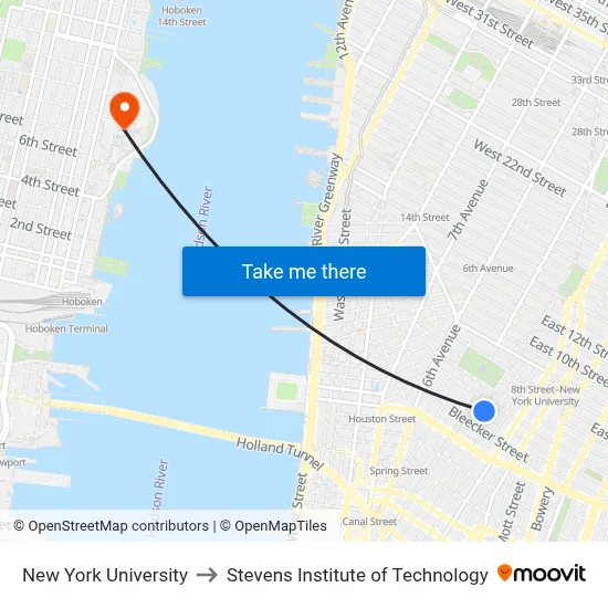 New York University to Stevens Institute of Technology map