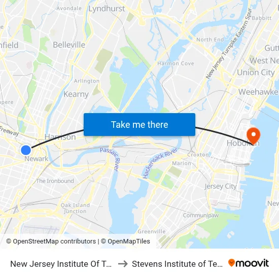 New Jersey Institute Of Technology to Stevens Institute of Technology map