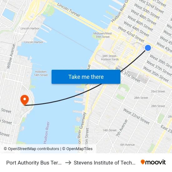Port Authority Bus Terminal to Stevens Institute of Technology map
