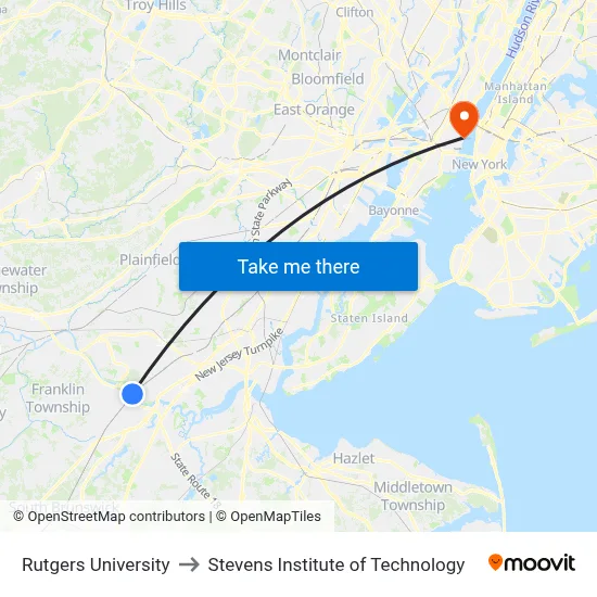 Rutgers University to Stevens Institute of Technology map