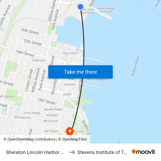 Sheraton Lincoln Harbor Weehawken to Stevens Institute of Technology map