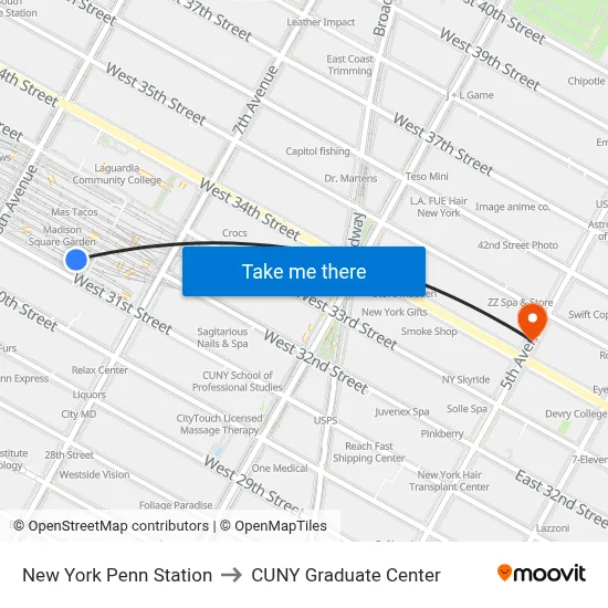 New York Penn Station to CUNY Graduate Center map
