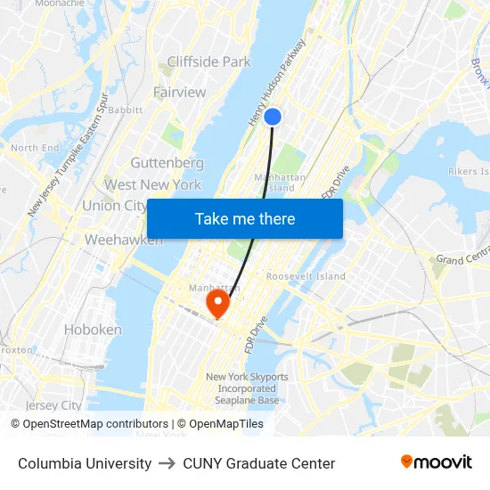 Columbia University to CUNY Graduate Center map