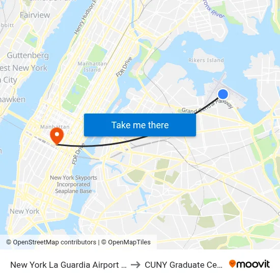 New York La Guardia Airport LGA to CUNY Graduate Center map