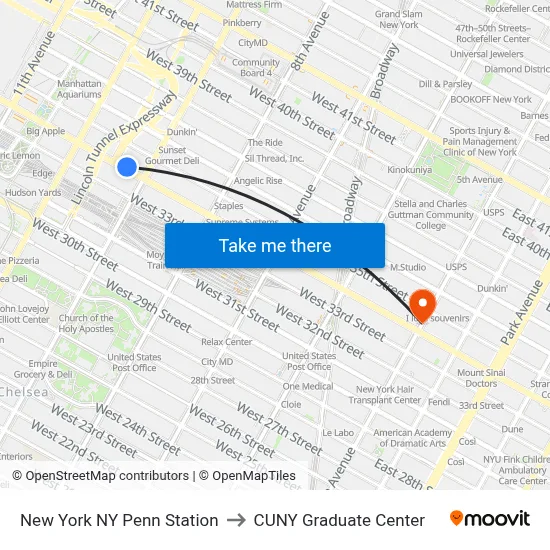 New York NY Penn Station to CUNY Graduate Center map