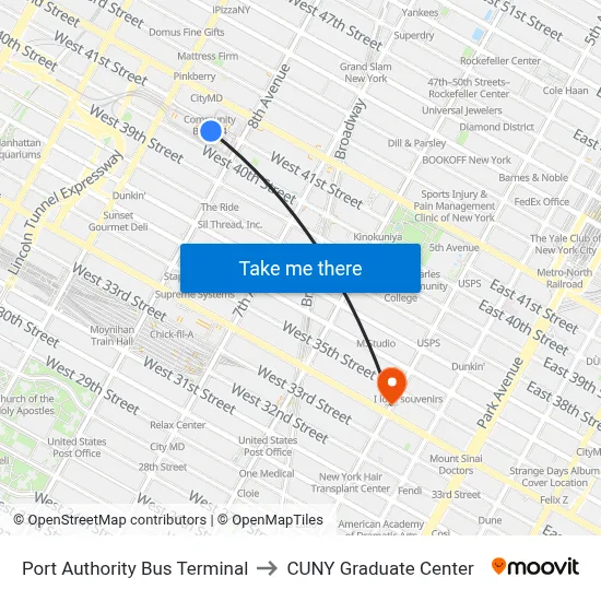 Port Authority Bus Terminal to CUNY Graduate Center map