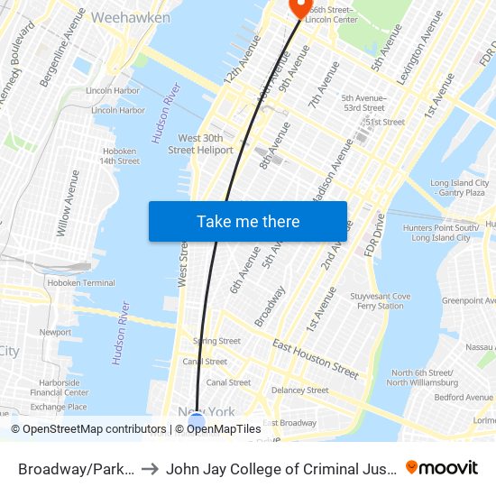 Broadway/Park Pl to John Jay College of Criminal Justice map