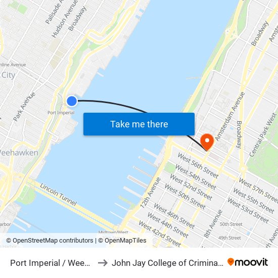 Port Imperial / Weehawken to John Jay College of Criminal Justice map