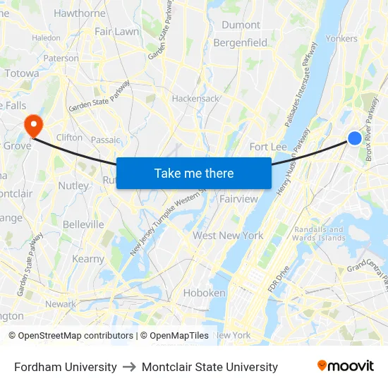 Fordham University to Montclair State University map