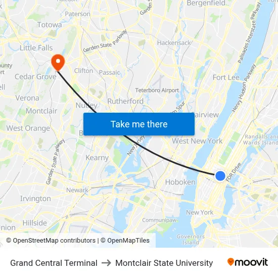 Grand Central Terminal to Montclair State University map