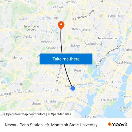 Newark Penn Station to Montclair State University map
