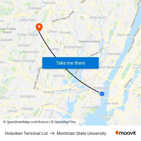 Hoboken Terminal Lot to Montclair State University map