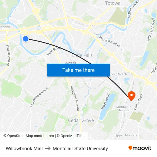Willowbrook Mall to Montclair State University map