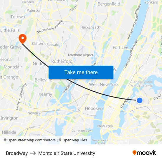 Broadway to Montclair State University map