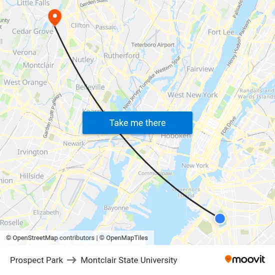 Prospect Park to Montclair State University map