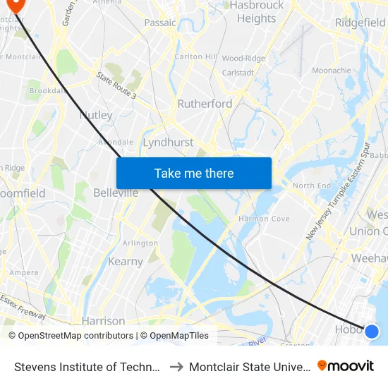 Stevens Institute of Technology to Montclair State University map