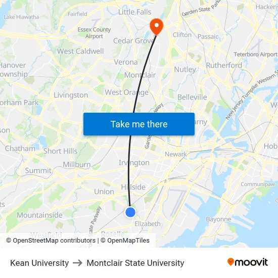 Kean University to Montclair State University map