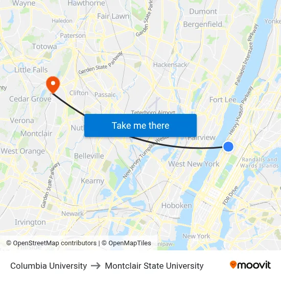 Columbia University to Montclair State University map