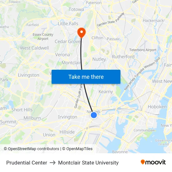 Prudential Center to Montclair State University map