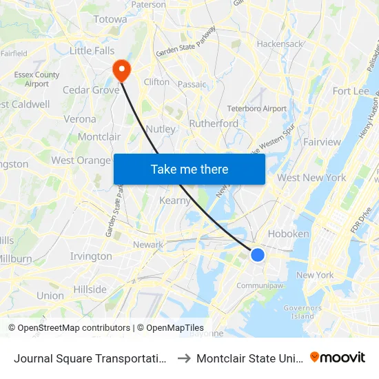 Journal Square Transportation Center to Montclair State University map