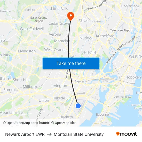 Newark Airport EWR to Montclair State University map