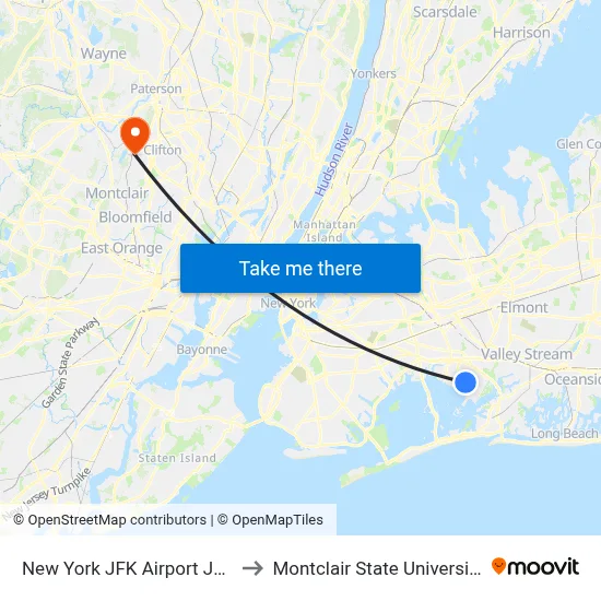 New York JFK Airport JFK to Montclair State University map
