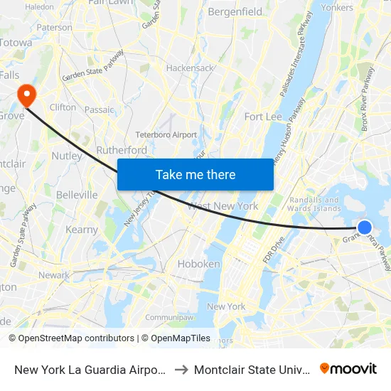 New York La Guardia Airport LGA to Montclair State University map