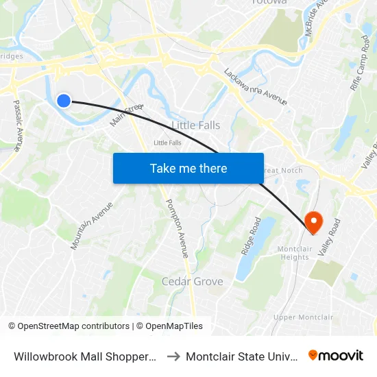 Willowbrook Mall Shoppers Stop to Montclair State University map