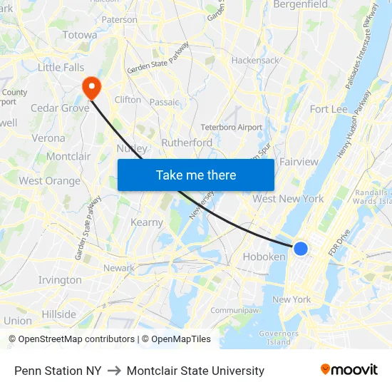 Penn Station NY to Montclair State University map