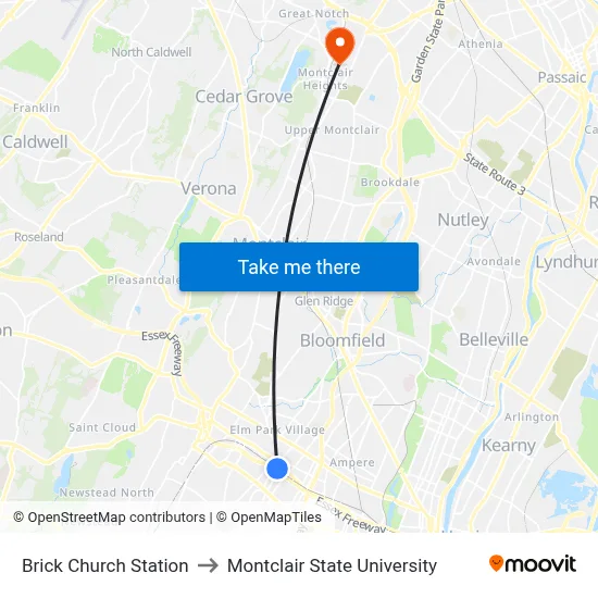 Brick Church Station to Montclair State University map