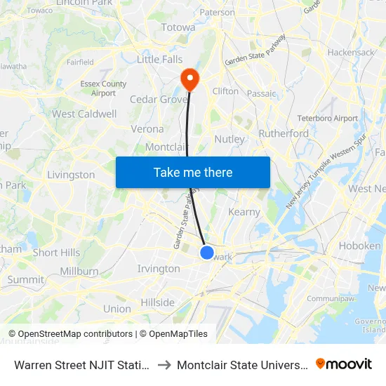 Warren Street NJIT Station to Montclair State University map