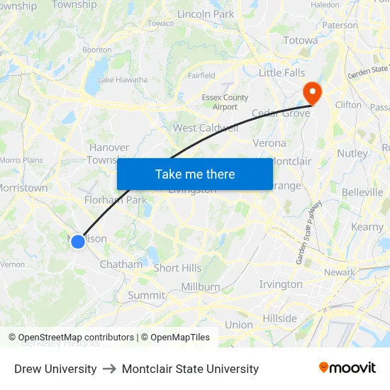 Drew University to Montclair State University map