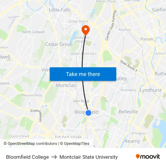 Bloomfield College to Montclair State University map