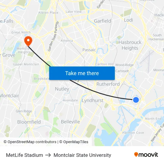 MetLife Stadium to Montclair State University map