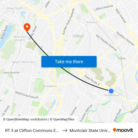 RT 3 at Clifton Commons Entrance to Montclair State University map