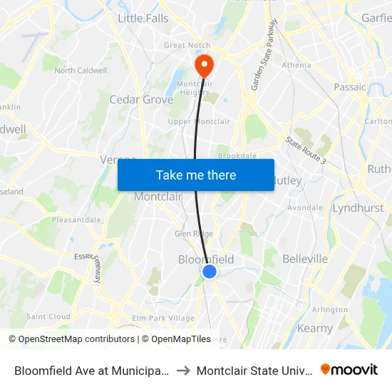Bloomfield Ave at Municipal Plaza to Montclair State University map
