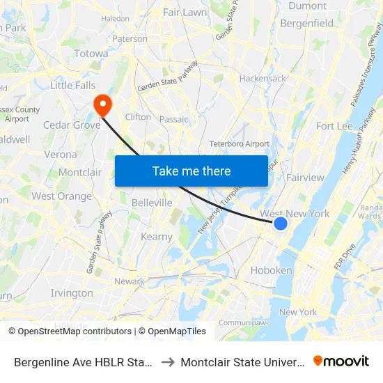 Bergenline Ave HBLR Station to Montclair State University map