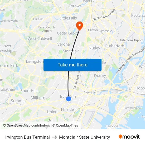Irvington Bus Terminal to Montclair State University map