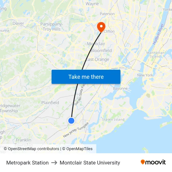 Metropark Station to Montclair State University map