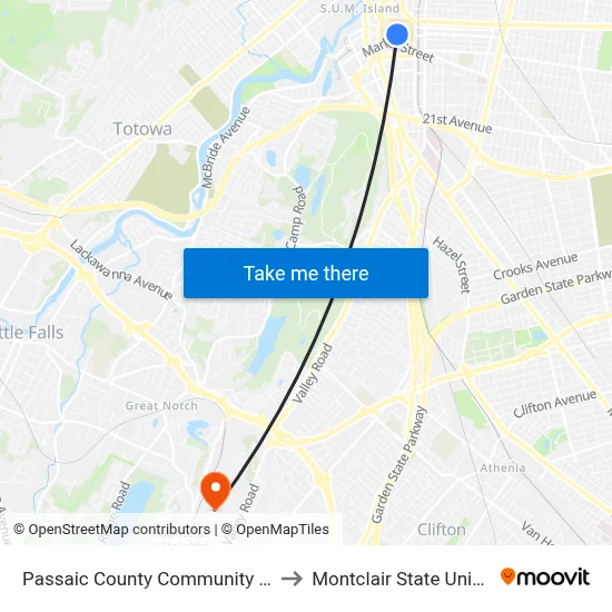 Passaic County Community College to Montclair State University map