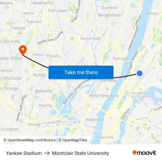 Yankee Stadium to Montclair State University map