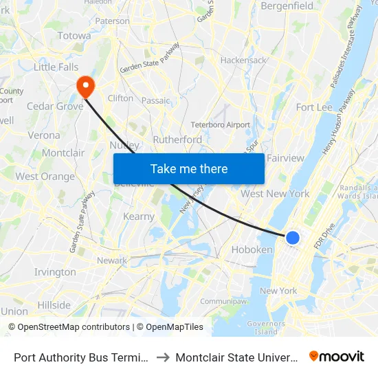 Port Authority Bus Terminal to Montclair State University map