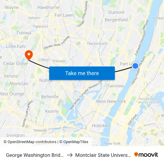George Washington Bridge to Montclair State University map