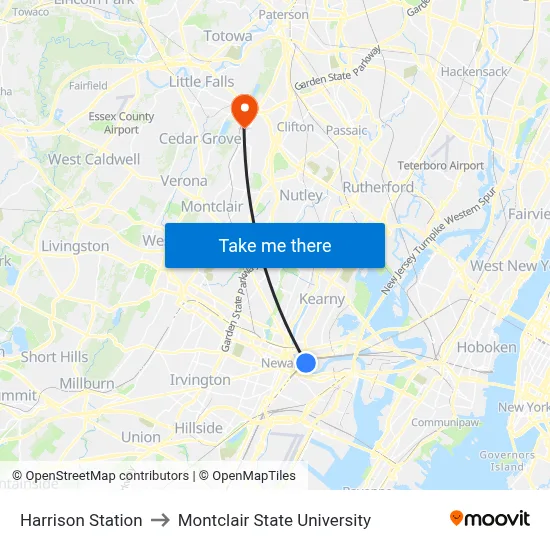 Harrison Station to Montclair State University map