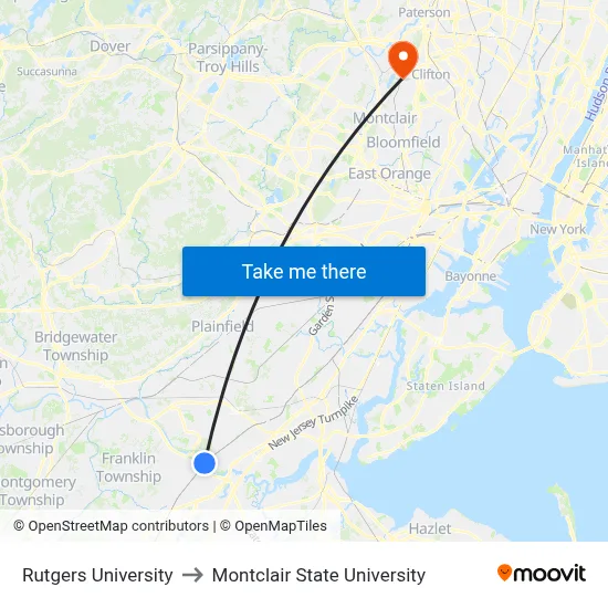 Rutgers University to Montclair State University map