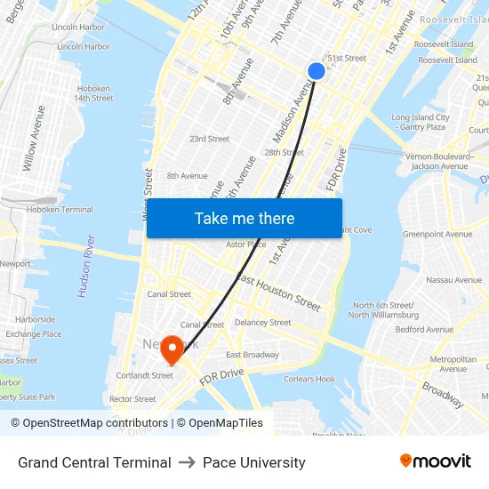 Grand Central Terminal to Pace University map