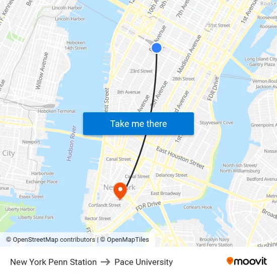 New York Penn Station to Pace University map