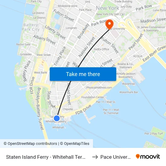 Staten Island Ferry - Whitehall Terminal to Pace University map