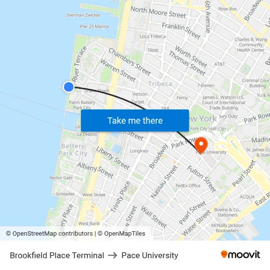 Brookfield Place Terminal to Pace University map
