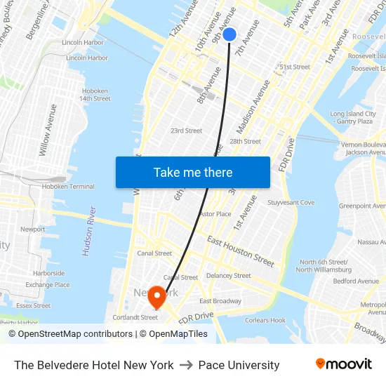 The Belvedere Hotel New York to Pace University map